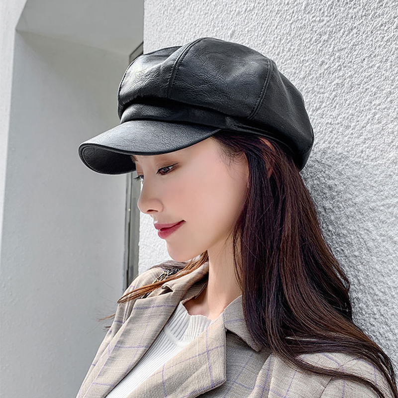 Buy Online Foux Newsboy Caps Women Pu Leather Pure Color Black Painter Octagonal Cap Baker Boy Hat Adjustable Casquette Korean Style New Alitools