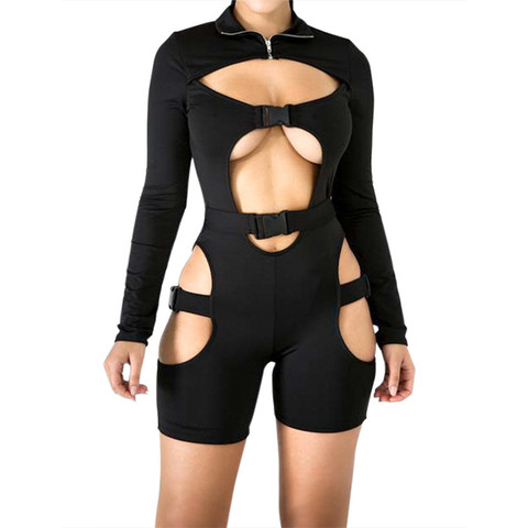 Novelty bandage club jumpsuit women hollow out long sleeve skinny shorts jumpsuit bodysuit 8075 ► Photo 1/6