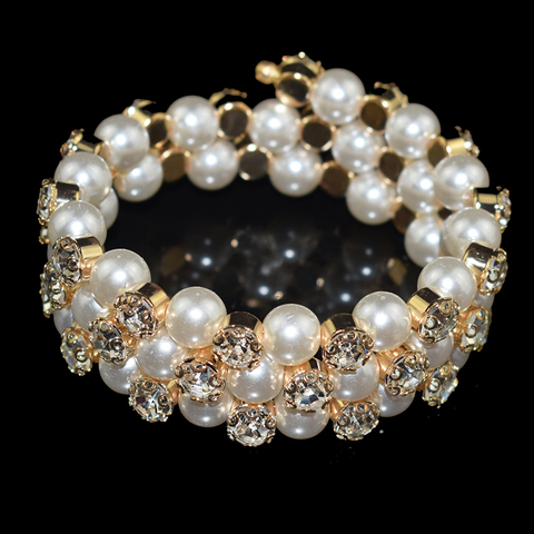 Fashion Imitation Pearl Gold Silver Plated Crystal Multi-layer Cuff Bangles Women's Rhinestones Bride Open Bangle Jewelry ► Photo 1/6