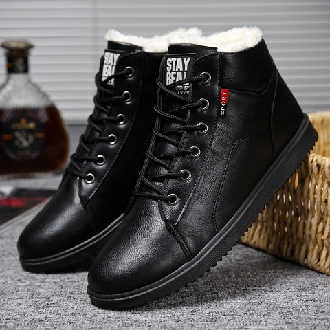 Men Snow Boots Plush Lining Leather Short Ankle Boots Lightweight Lace Up High Top Warm Shoes Flat Fashion Winter Sneakers ► Photo 1/1