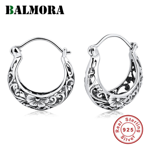 BALMORA Real 925 Sterling Silver Earrings  Flower Oval Hollow Filigree Hoop Earrings for Women Retro Ethnic Fashion Jewelry ► Photo 1/6