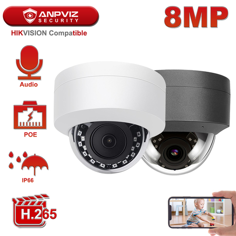 Hikvision Compatible Anpviz 4K 8MP POE IP Camera Dome Security Camera Outdoor Built-in Mic Audio IP66 Onvif 30m IR ► Photo 1/6