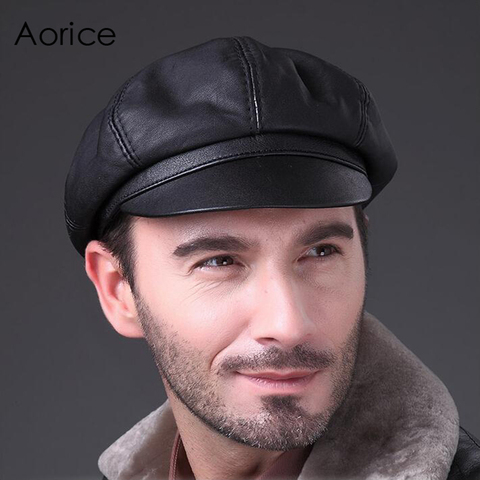 Aorice Genuine Soft Leather Driving Flat Cap 2022 Autumn Winter Mens Stylish Fashion Outdoors Sport Keep Warm Hat Black HL010 ► Photo 1/4