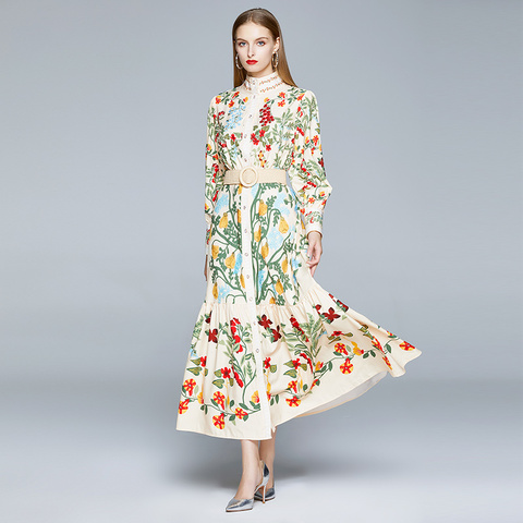 2022 Autumn Runway Maxi Dress Women's Long Sleeve Stand Gorgeous Flower Print Long Dress Female Buttons up Sashes Holidays Dress ► Photo 1/6