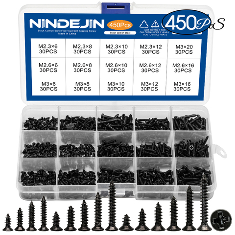 450pcs/set Black plated Countersunk flat head tapping screws with cross recessed M2.3 M2.6 M3 Carbon Steel assortment kit ► Photo 1/6