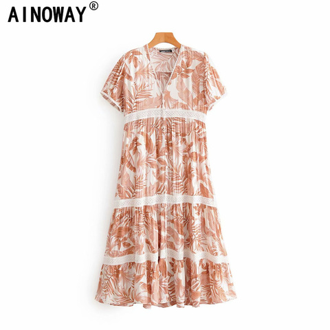 Vintage chic women floral print short sleeve rayon Bohemian dresses Ladies V neck Tassel Summer Boho pleated Maxi dress vestidos ► Photo 1/6