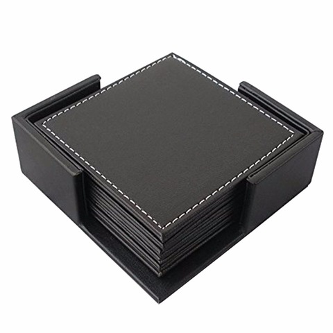 6pcs/set Double-deck square Leather Coasters Set Placemat of Cup with Coaster Holder Coffee Drink Placemat Simple Style Hot Sale ► Photo 1/6
