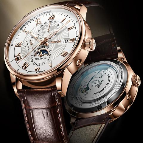 JSDUN Men Mechanical Watch Top Brand Luxury Automatic Watch Leather Waterproof Sports Moon Phase Wristwatch relogio masculino ► Photo 1/6