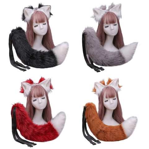 Adult Kids Fluffy Plush Pointed Cat Wolf Ears Hair Clips with Long Animal Tail Kit Halloween Anime Cosplay Party Costume ► Photo 1/6