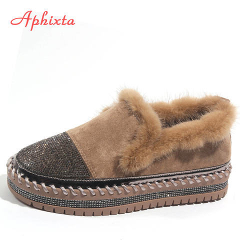 Aphixta Warm Real Mink Fur Shoes Women Luxury Crystal Hand Stitching Leather Winter Shoes Woman Slip-on Platform Flats ► Photo 1/6