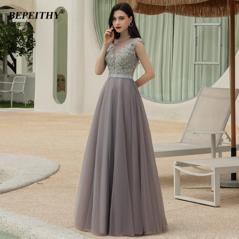 BEPEITHY Gray Evening Dresses Long Luxury 2022 Elegant Dubai Arabic Crystal A-Line Formal-Party Gown For Plus Size Women New ► Photo 1/6