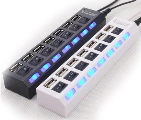 7 Ports LED USB 2.0 Adapter Hub  Splitter With Power Adapter Power on/off USB Splitter HUB For PC ► Photo 1/1