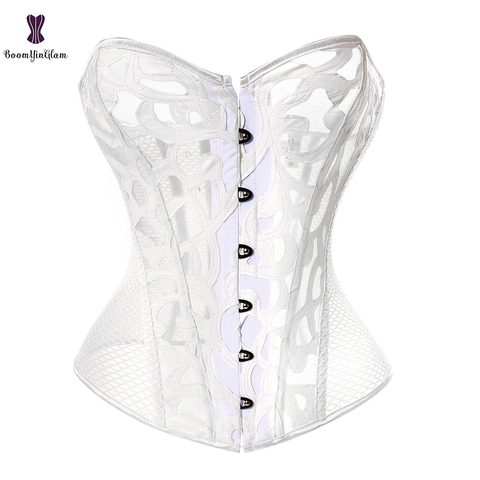 Women Steampunk Overbust Corset Hollow Out Mesh Waist Bustier Top Black White Gothic Corselet Basques ► Photo 1/6