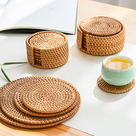Handmade Round Natural Rattan Pad Coasters Table Placemats Bowl Mats Padding Mat Insulation Pad Kitchen Decoration Accessories ► Photo 1/6