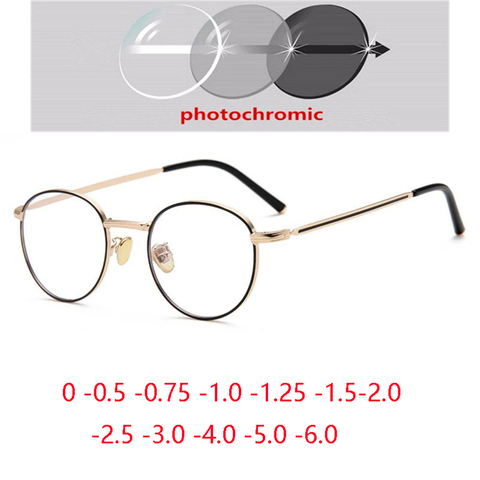 Blue Light Blocking Round Nearsighted Glasses Metal Vintage Photochromic Gray Diopter Eyeglasses Prescription 0 -0.5 -0.75 To -6 ► Photo 1/6