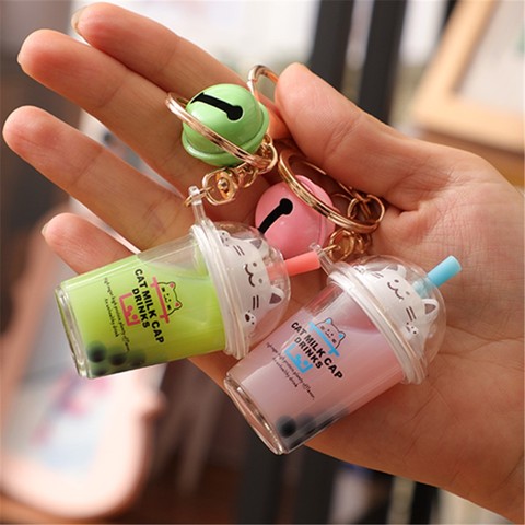 Summer New Ins Cat Pearl Milky Tea Cup Key Ring Pendant Creative Cartoon Acrylic Oil Key Ring ► Photo 1/6