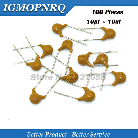 100Pcs 10PF ~10UF 22PF 47NF 220NF 1NF 4.7UF 1UF 100NF 330NF 0.1UF 102 104 105 106 103 473 334 High quality monolithic capacitors ► Photo 1/1