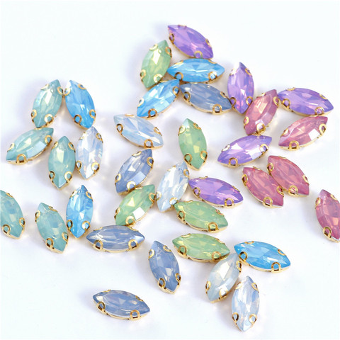 7x15mmHorse Eye Opal Crystal Green Resin Sew On Rhinestones With Gold Claw Sew on Stones Flatback for Clothing Accessories ► Photo 1/6