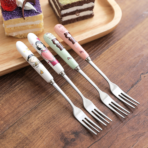 Stainless Steel Fruits Fork Ceramic Handle Cute Bear Dessert Fork Eco-Friendly Tableware Kids Forks Kitchen Dinnerware ► Photo 1/6