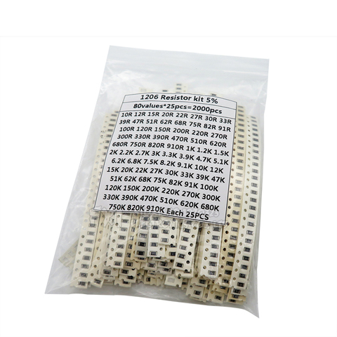 2000PCS 10 ohm-910K ohm 1206 SMD Resistor Kit Assorted set 5% 80values*25PCS SMD Resistors 10K 470/100/680 ohm resistance pack ► Photo 1/1