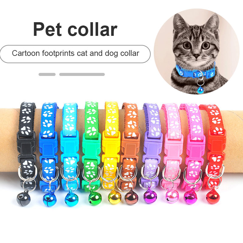 Nylon Fabric Cat Dog Pet Collar With Bell Cute Footprint Pattern Kitten Puppy hi