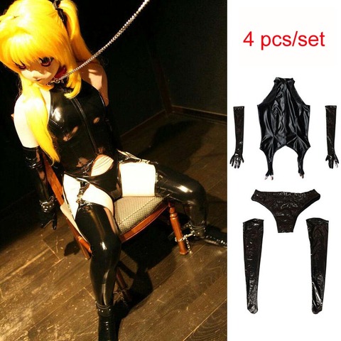 4pcs/set Plus Size Cosplay Anime Maid Costume PVC Wetlook Catsuit Bodystocking Sexy Hot Erotic Bodysuit Babydoll Golves Stocking ► Photo 1/2