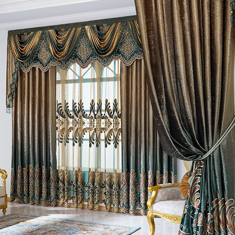 Curtain Set European Luxury Curtains With Valance For Living Room Curtain Set Bronzing Blue Curtains Ready made 051 ► Photo 1/6
