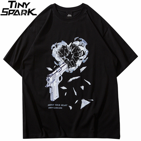 Streetwear Oversize Tshirt Hip Hop Gun Breaking Heart Print T-shirt 2022 Men Harajuku Cotton Loose Summer Short Sleeve Tops Tees ► Photo 1/6