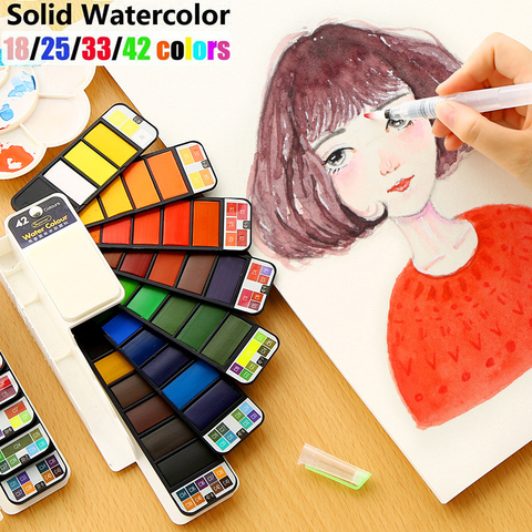 Superior 18/25/33/42 Solid Watercolor Paint Set With Water Brush Pen Foldable Travel Water Color Pigment For Draw Dropshipping ► Photo 1/6