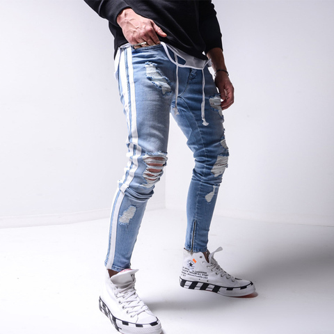 Ripped Pencil Pants Men Skinny Denim Biker Side Striped Jeans Destroyed Hole Hip Hop Slim Fit Man Scratched Jean Hombre Pantalon ► Photo 1/4