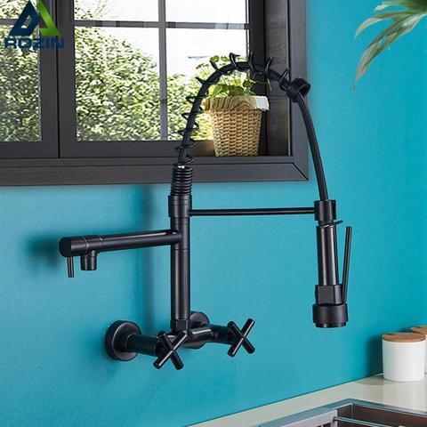 Rozin Black Kitchen Faucet Dual Handles Hot Cold Water Kitchen Mixer Tap Wall Mounted Dual Swivel Spout Spring Pull Down Faucets ► Photo 1/6