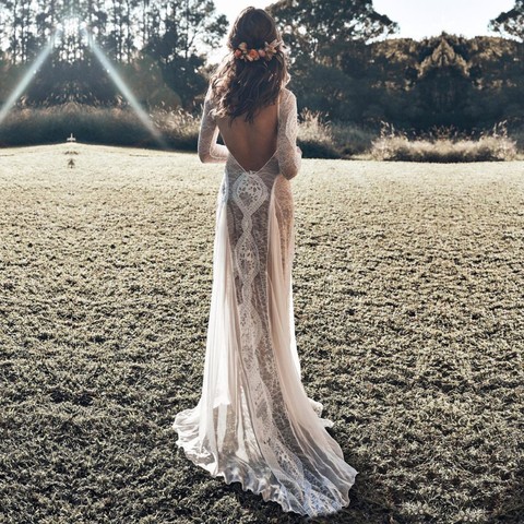 Long Sleeves Lace Wedding Dresses 2022 Bohemian Sexy Split Beach Wedding Bridal Dress Backless Bride Gown ► Photo 1/6