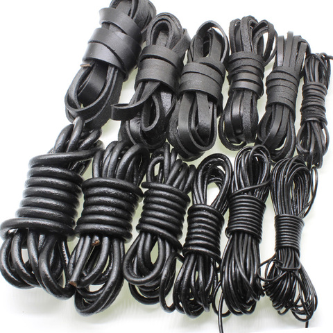 2m Black Color Real Genuine Leather Cord 2 3 4 5 6 8 mm Round Flat