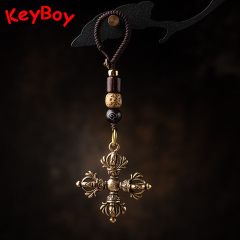 Cross Vajra Brass Car Key Chain Pendant Buddhism Dharma Handmade Woven Lanyard Bodhi Beads Motorcycle Keychain Rope Hangings ► Photo 1/6