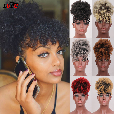 LUPU Women Hair Bun Synthetic Afro Hairpiece Chignon With Curly Bangs Black Brown Blond Red Drawstring Ponytails Heat Resistant ► Photo 1/6