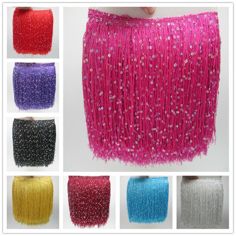 YY-tesco 1 Yard 20CM Long Polyester Sequins Tassel Fringe Lace Trim Ribbon Sew Latin Dress Stage Garment Curtain Accessories ► Photo 1/6