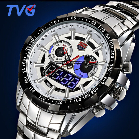 Sport Mens Watches Quartz dual movement Led Display Full Steel  Watch Waterproof Fashion Sapphire Military Men clock TVG579 ► Photo 1/6