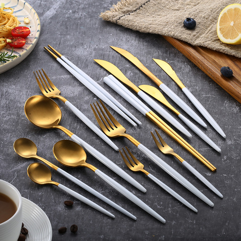 White Gold Cutlery Set Stainless Steel Dinnerware Set Silverware Tableware Dinner Spoon Fork Knife Chopsticks Dropshipping ► Photo 1/6