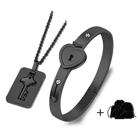 Black Heart Love Lock Bracelet Choker Set Jewelry Stainless Steel Key Pendants Necklace Women Men Lover Couples Wedding Gift ► Photo 1/6