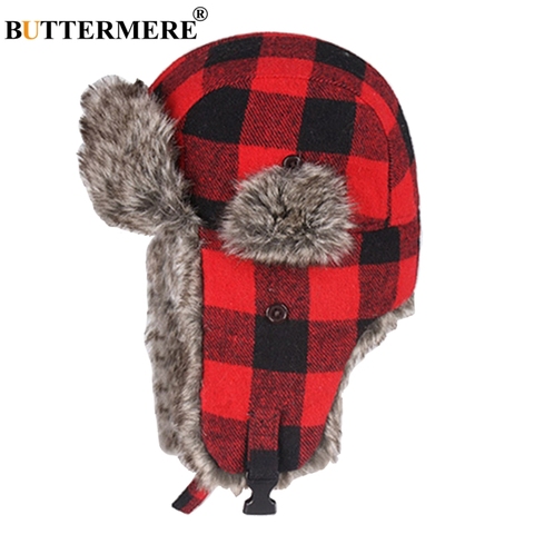 BUTTERMERE Winter Hats For Mens Bomber Hat Fur Red Warm Earflap Cap Windproof Women Thicker Plaid Russian Ushanka Hat Black Blue ► Photo 1/6