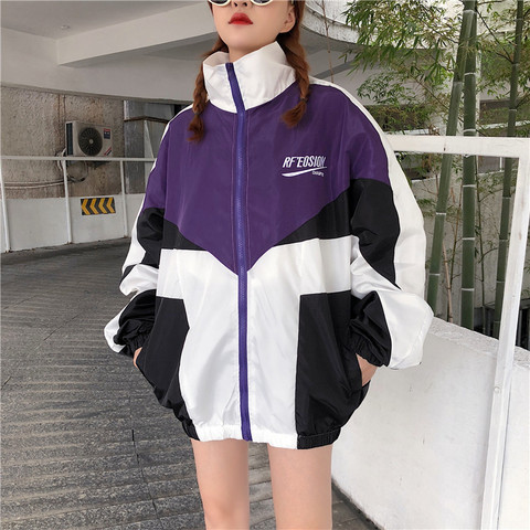 Jackets Women Patchwork Color Loose  Zippered Stand Collar Tracksuit Fashion Coats Hip Hop Female Streetwear Outwear ► Photo 1/6