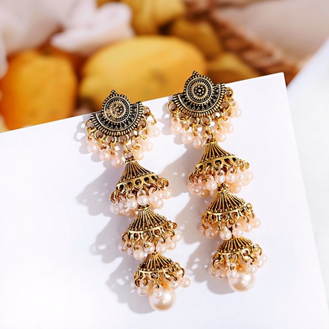 2022 Women's Gold Carved Bells Earrings Bijoux Vintage Bohemia Pearl Beaded Tassel Long Earrings Ethnic Tribe Indian Jewelry ► Photo 1/6