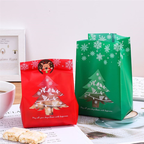 50Pcs/lot Plastic Gift Bags Christmas Tree Snowflake Packaging Bag Candy Boxes with Seal Stickers Christmas Wedding Party Decor ► Photo 1/6