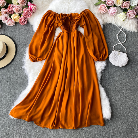 Autumn Women Slash Neck Long Sleeve Midi Dress Female Yellow/Red/Pink High Waist Ruffle Big Swing Chiffon Dresses Fashion 2022 ► Photo 1/6