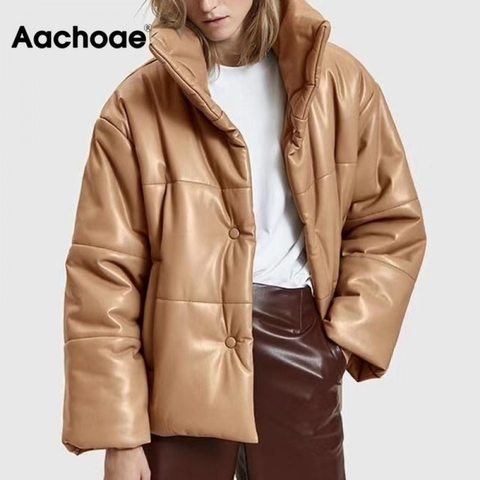 Women PU Leather Parkas Fashion High Street Solid Faxu Leather Coats Elegant Winter Thick Cotton Jackets Loose Outerwear ► Photo 1/6