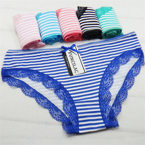 FUNCILAC 5 Pcs/set Women's Underwear Cotton Sexy Lace Panties Striped Briefs Everyday Lingerie Girls Ladies Knickers Size M L XL ► Photo 1/6