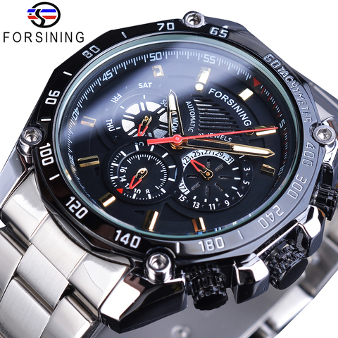 Forsining Sport Style Men's Mechanical Watches Black Automatic 3 Sub Dial Date Stainless Steel Belts Outdoor Military Wristwatch ► Photo 1/6