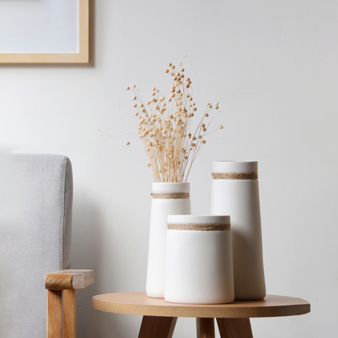 Modern Minimalist Flower Vase White Ceramic Matte Vase with Hemp Rope for Dried Flower Centerpiece Crafts Home Table Decoration ► Photo 1/5