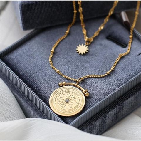 Vintage Double Layers Stainless Steel Baroque Jewelry for Women Flower Texture Coin Pendant Plated 18k Gold Necklaces for Women ► Photo 1/6