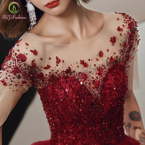 SSYFashion New Elegant Banquet Wine Red Evening Dress for Women Lace Appliques Beading Long Prom  Formal Gown Vestidos De Noche ► Photo 1/6